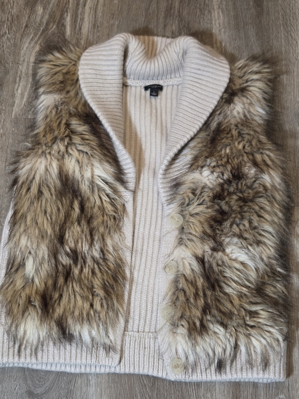 Ann Taylor Faux Fur Trim Chunky Knit Cardigan Sweater Vest Cream Size L